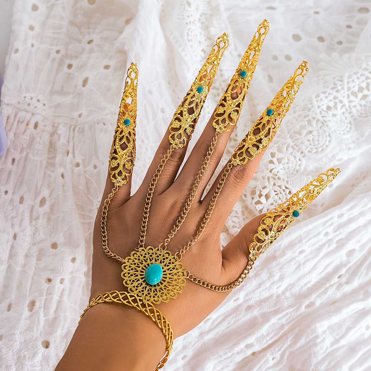 Gothic Punk Plated Alloy Geometric Floral Finger Chain Bracelet for Women