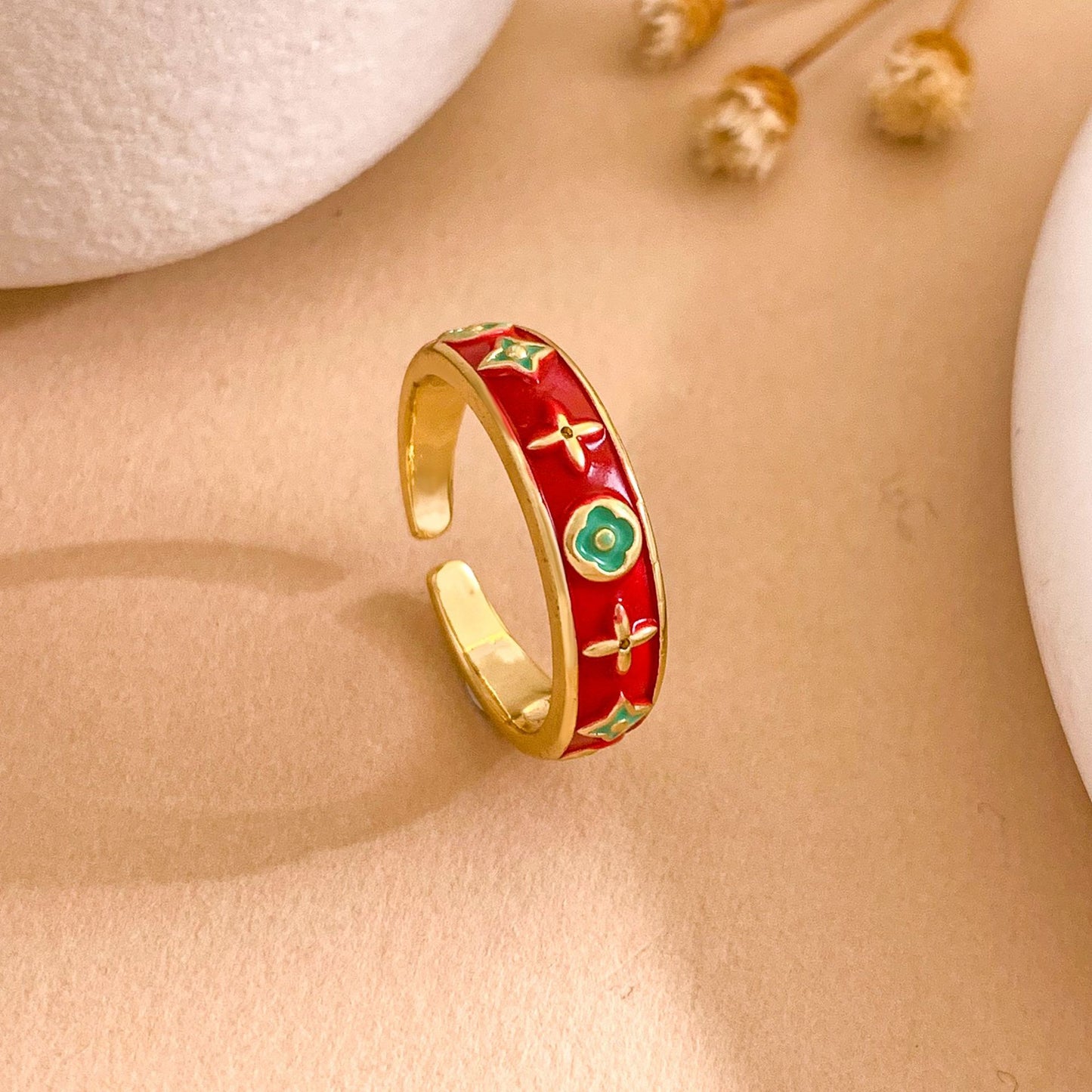 Vintage Sweet Gold Plated Brass Enamel Geometric Open Ring for Women