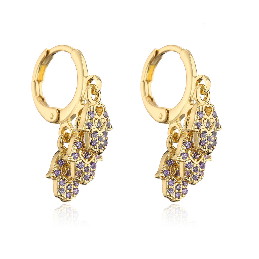 Minimalist Geometric Fatima Hand Pendant Earrings for Women with Copper Base Plated in 18K Gold and Micro-Paved Zirconia