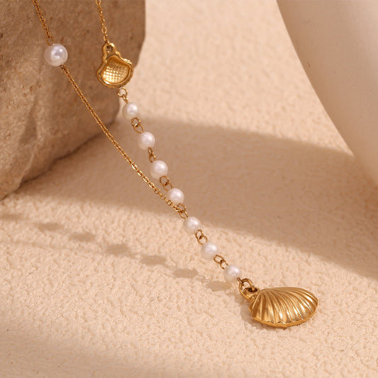 Vintage-Inspired Geometric Stainless Steel Pendant Necklace with 18K Gold Plating and Shell-Inspired Design for Women