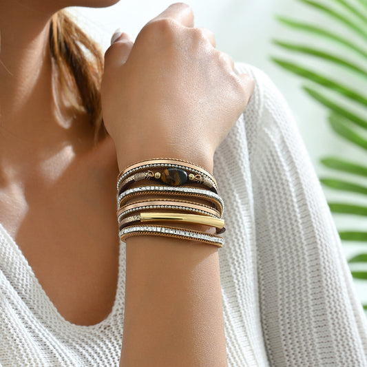 Pulsera de Cuero Geométrica Minimalista de Lujo para Mujer con Incrustaciones de Pedrería, Brazalete Apilable de Múltiples Capas