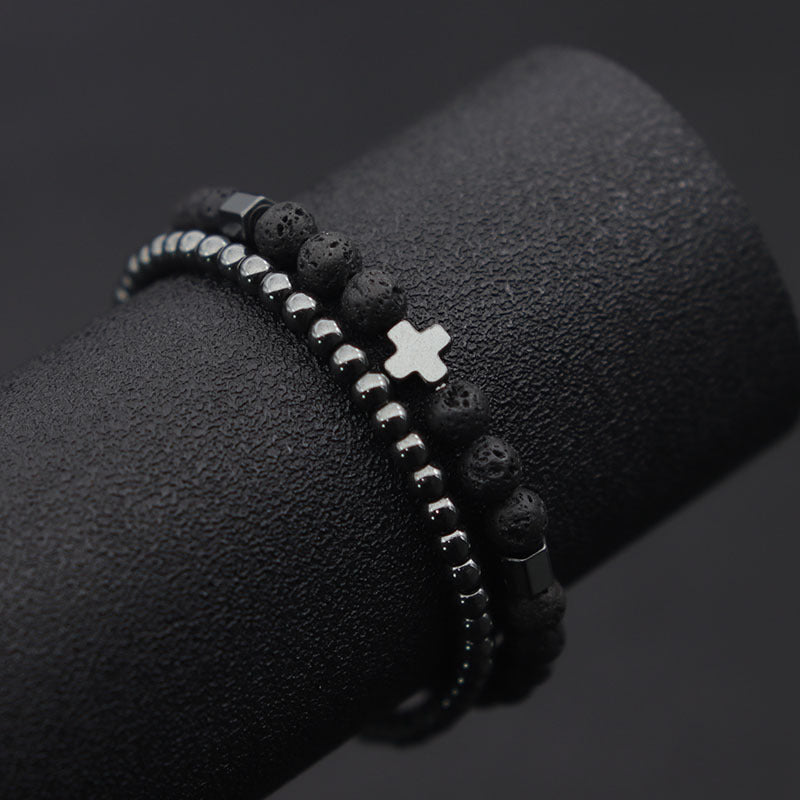 Fashion Unisex Brass Beaded Bracelet Set with Hematite Cross, Natural Lava Stone and Tiger Eye Geometric Charms