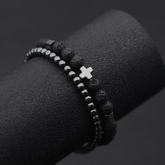 Fashion Unisex Brass Beaded Bracelet Set with Hematite Cross, Natural Lava Stone and Tiger Eye Geometric Charms