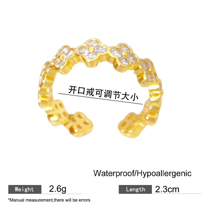 Sweet Minimalist Rhinestone Inlaid Floral Plated Titanium Steel Ring for Women