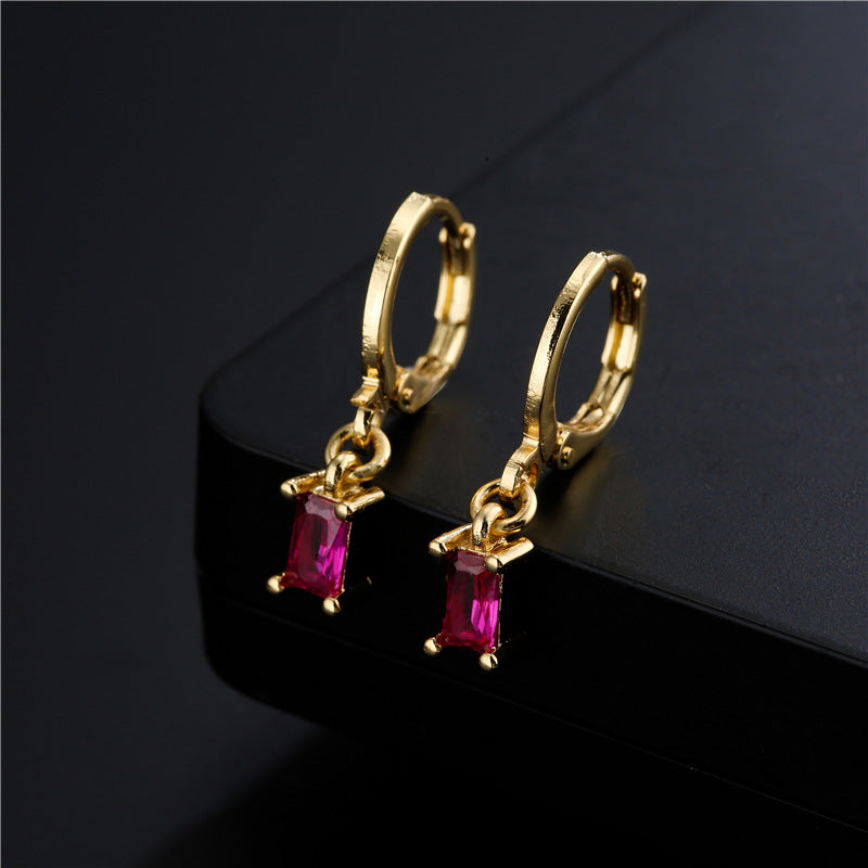 Minimalist Geometric Rectangle Zircon Pendant Earrings in Copper with Ear Hook Closure