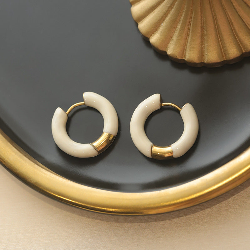 Pendientes de aro en forma de U de acero titanio esmaltado retro francés elegante para mujer en azul esmeralda y burdeos