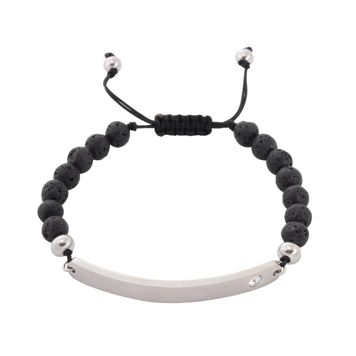 Bracciale alla moda da ufficio in acciaio inossidabile con pietre vulcaniche nere geometriche, intarsio di strass e opzione di incisione per donne