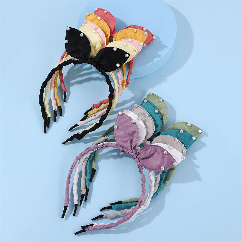 Bonito conjunto de diademas en forma de lazo para niñas con banda de tela y adornos de perlas, patrón floral estilo princesa
