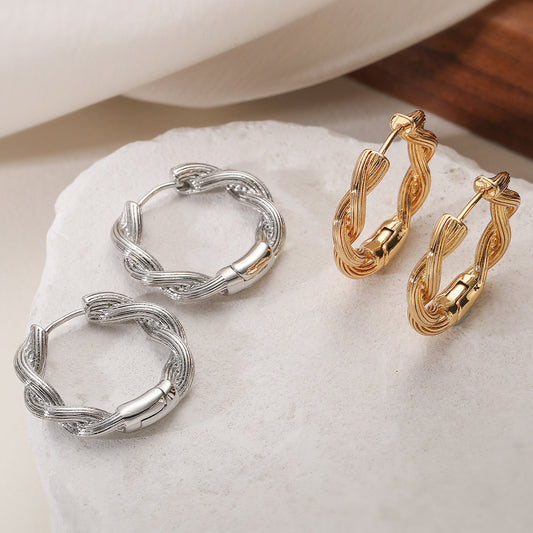 Minimalist Vintage Geometric 18K Gold Plated Brass Rope Hoop Earrings for Women