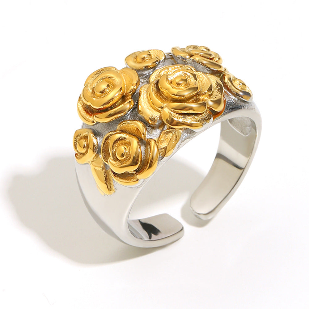 Anillo Abierto Floral de Estilo Francés Vintage de Acero Inoxidable con Baño de Oro de 18K para Mujer