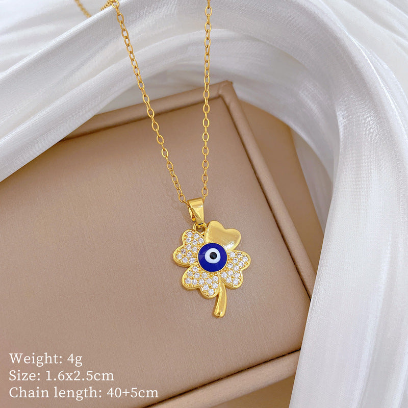 Sweet Minimalist Geometric Rhinestone Clover Eye Necklace Titanium Steel Cable Chain for Unisex