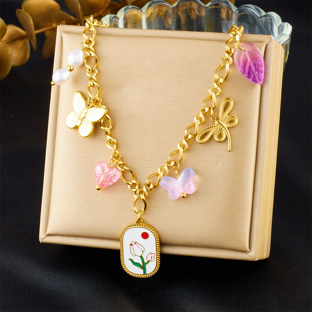 Elegant Stainless Steel Drip Oil Moon Sun Flower Pendant Necklace with Cable Chain for Women