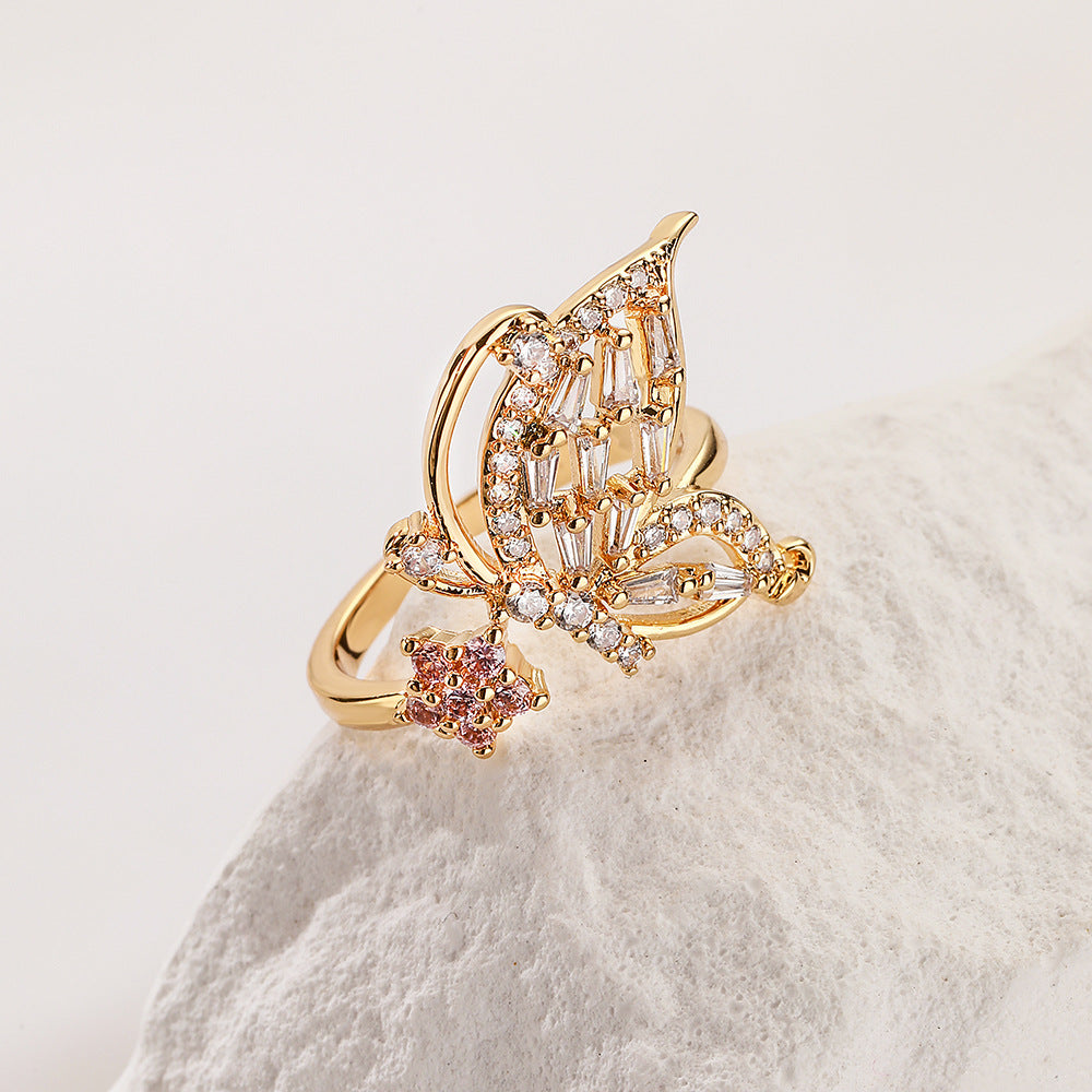 Geometric Butterfly Open Ring for Women in Copper with 18K Gold Plating and Zircon Inlay