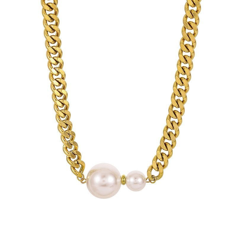 Exaggerated Geometric Titanium Steel Cuban Link Necklace with Large and Small Pearls for Women