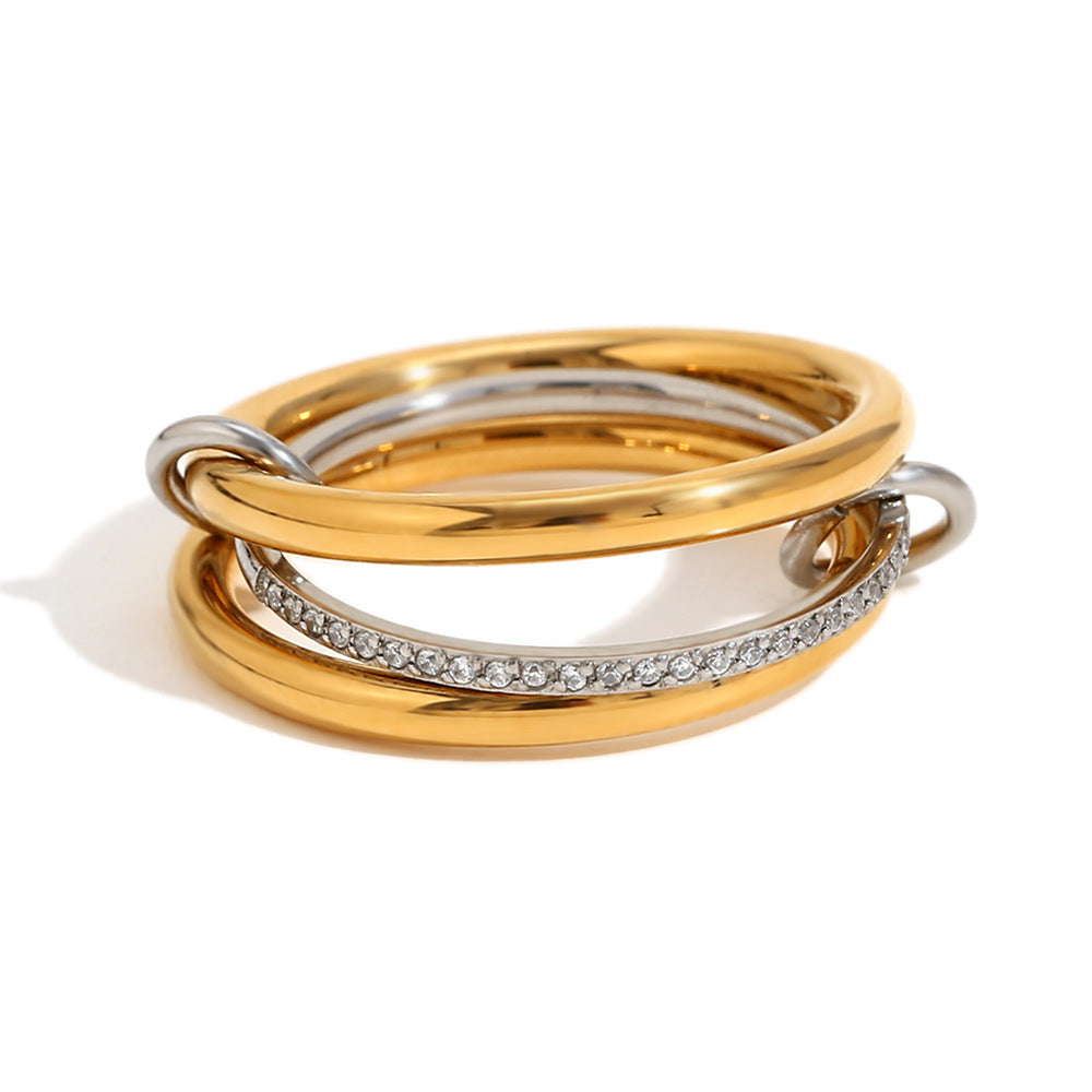 Anello in acciaio inossidabile geometrico creativo con placcatura in oro 18 carati e strass centrale da donna