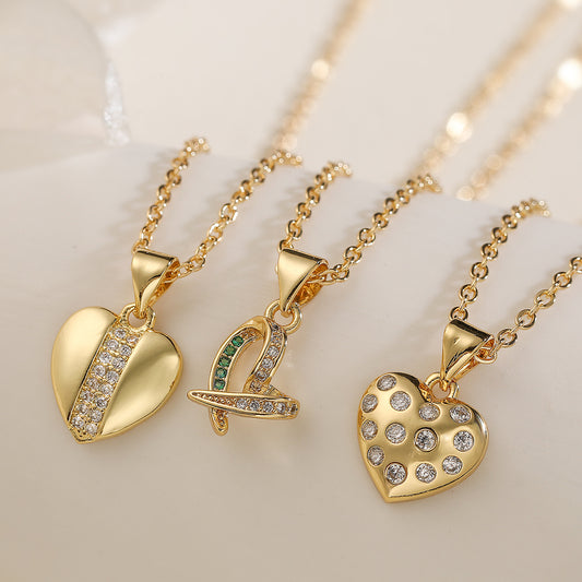 Elegant Minimalist 18K Gold Plated Brass Heart Cubic Zirconia Pendant Necklace for Women