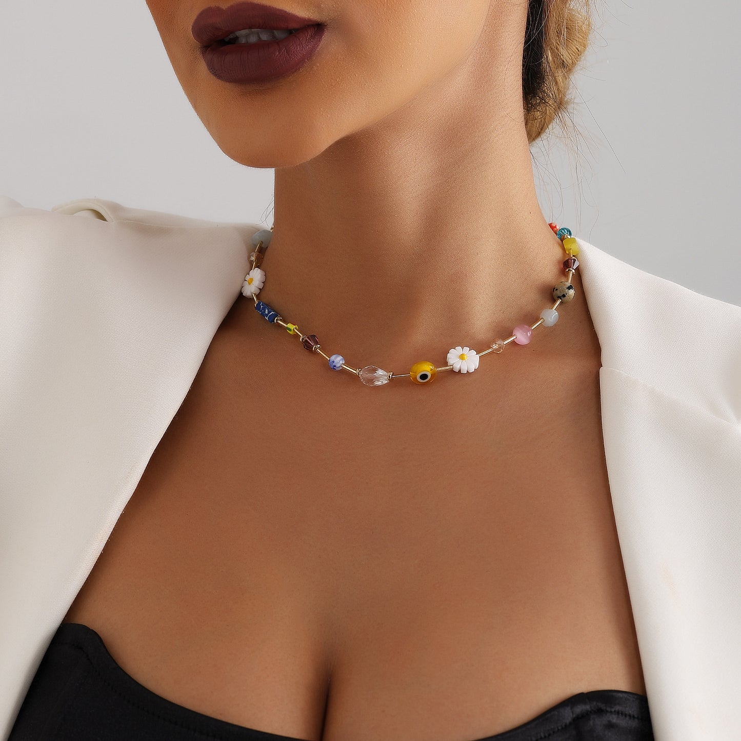 Bohemian Geometric Pendant Necklace for Women with Electroplated Metal Beads and Crystal Strands