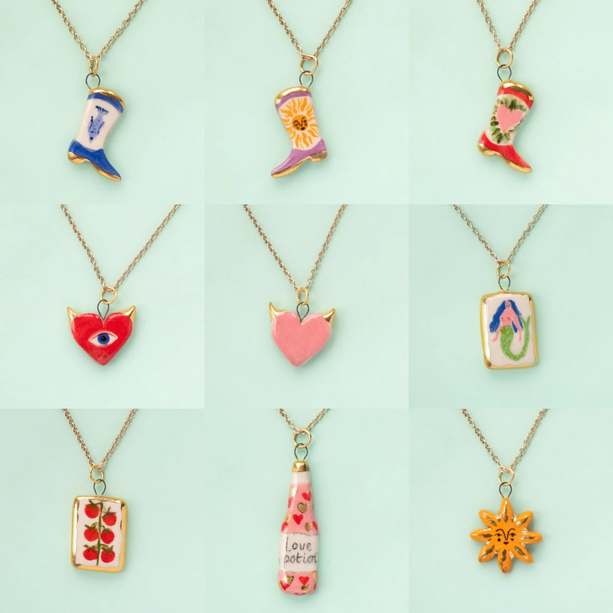 Hand-painted Heart Brass Charm Bar Pendant