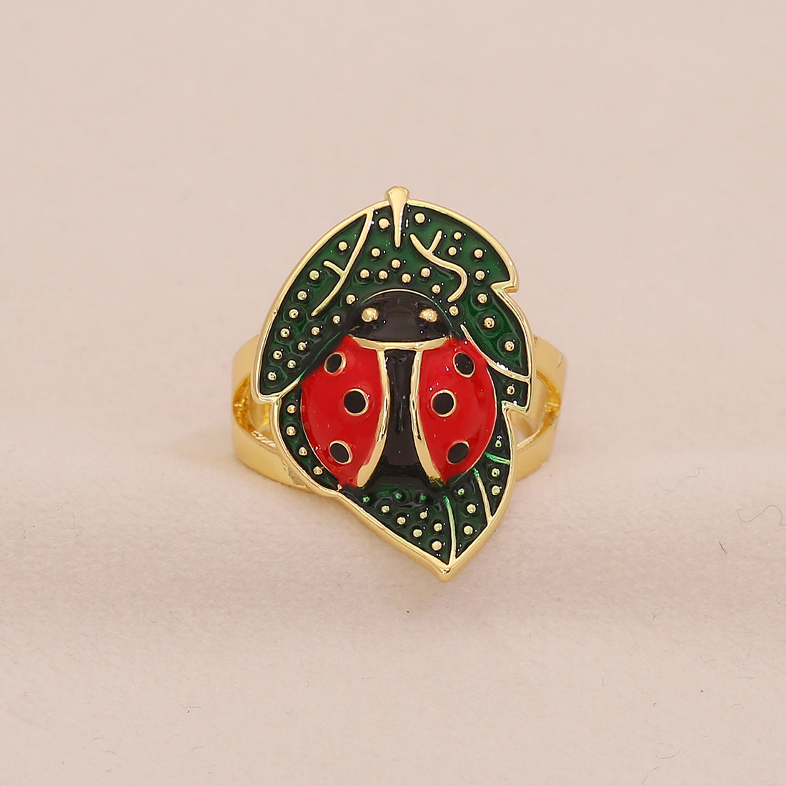 Cute Ladybug Ring in Copper with Enamel Finish for Women, Insect-Shaped Vintage-Inspired Jewelry