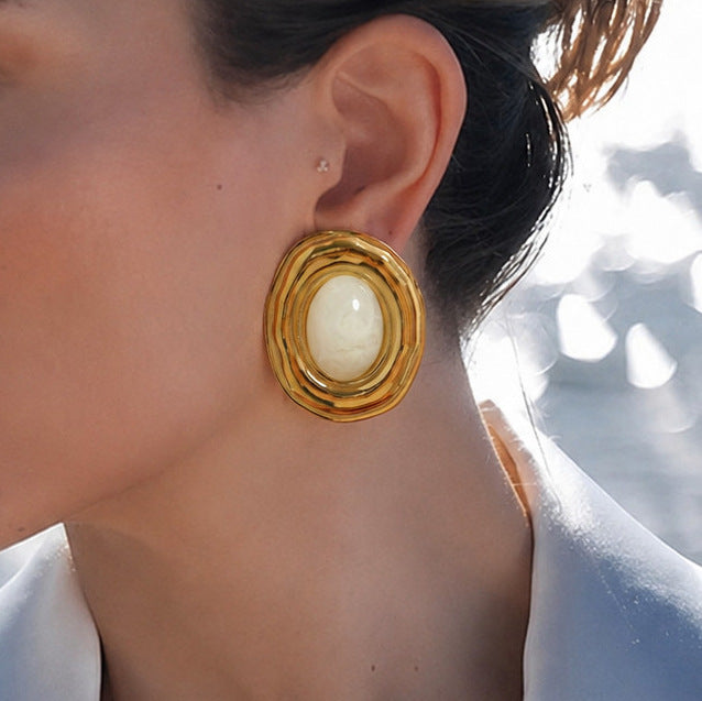 Vintage Geometric Oval Stainless Steel PVD 18K Gold Plated Resin Gradient Earrings for Women