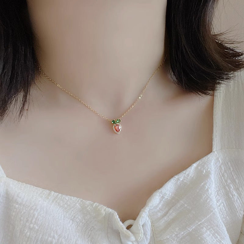 Cute Carrot Pendant Necklace for Women in Titanium Steel with Rhinestone Inlay, Plated Finish, Minimalist Animal Shape Locket Chain