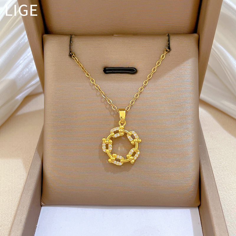 Sweet Minimalist Round Geometric Titanium Steel Necklace with Rotating Cubic Zirconia Pendant for Unisex