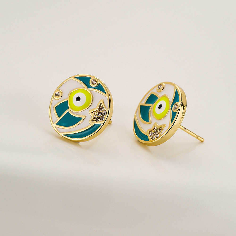 Minimalist Round Geometric Copper Earrings with Gold Plating and Enamel Finish for Women