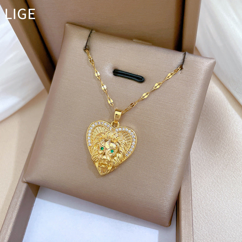 Minimalist Heart Lion Zirconia-Encrusted Stainless Steel Necklace for Women with Delicate Clavicle Chain