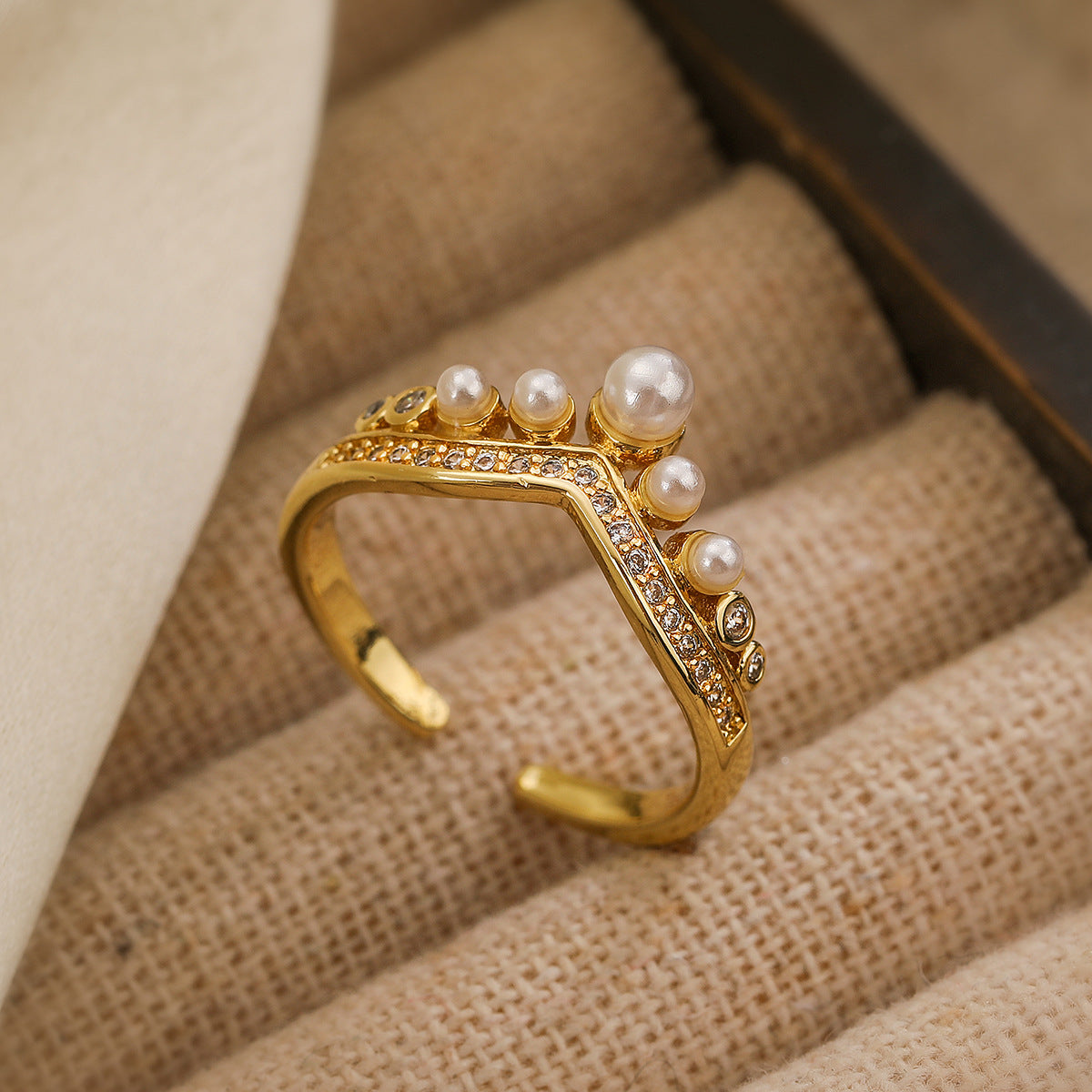 Minimalist Geometric Open Ring for Women Made of Brass with Real Gold Plating and Zircon Inlay and Pearl Accent