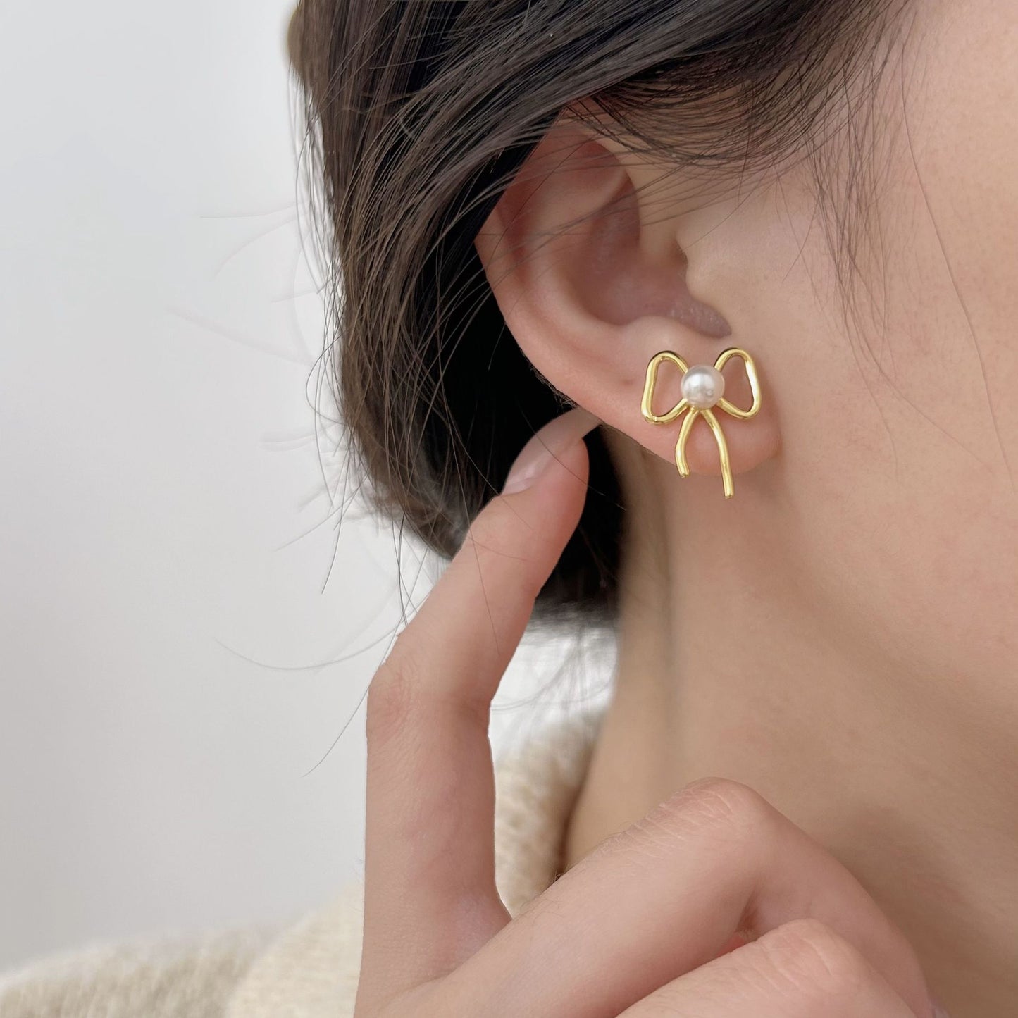 Minimalist Bowknot Pearl Stud Earrings in 925 Sterling Silver with Gold Plating