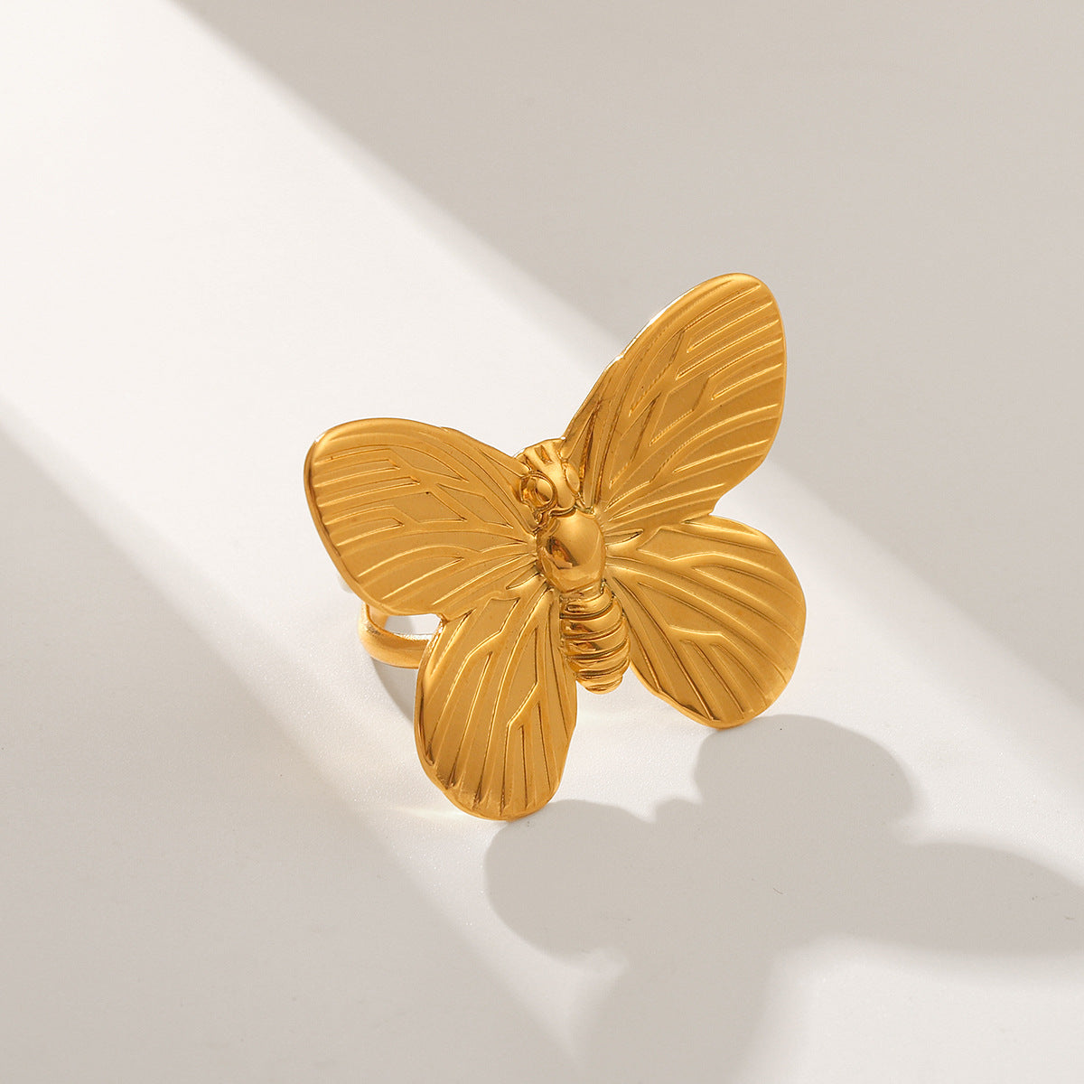 French Palace Style Butterfly Ring for Women in Stainless Steel with Plated Finish, Adjustable Open Band Design