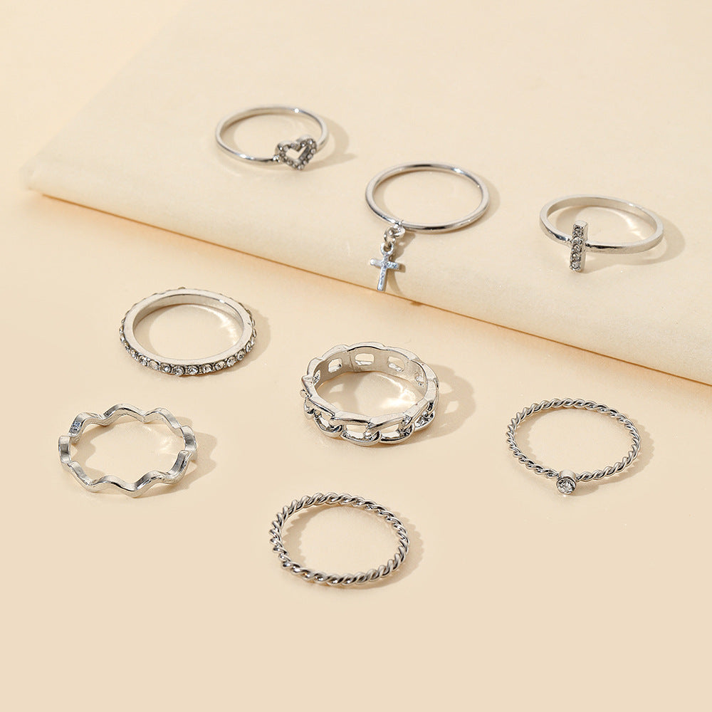 Minimalist Sweet Silver Plated Geometric Cross Heart Crystal Rhinestone Ring Set for Women