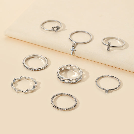 Minimalist Sweet Silver Plated Geometric Cross Heart Crystal Rhinestone Ring Set for Women