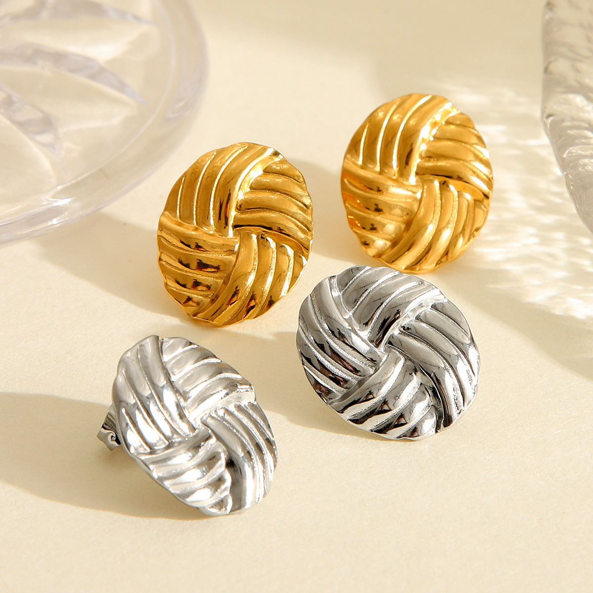 Minimalist Round Titanium Steel Earrings with 18K Gold Plating and Woven Texture for Women