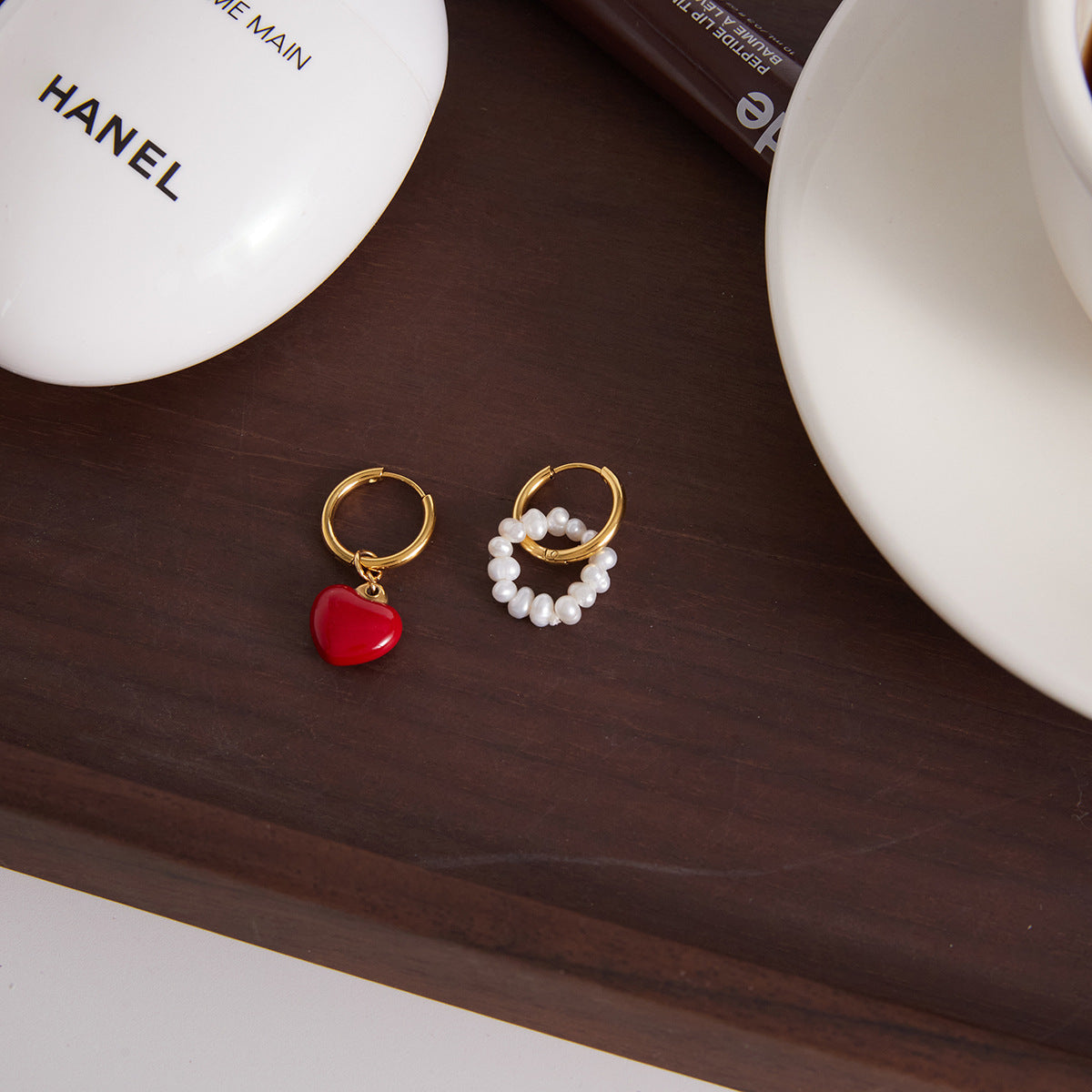 Sweet Heart Drip Oil Stainless Steel Earrings with Pearl Inlay PVD Plated