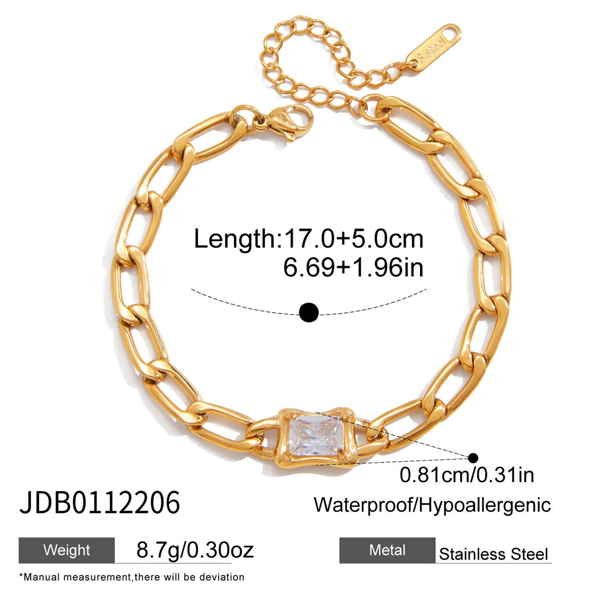 Minimalist Geometric Square Cubic Zirconia Stainless Steel Necklace and Bracelet Set for Women
