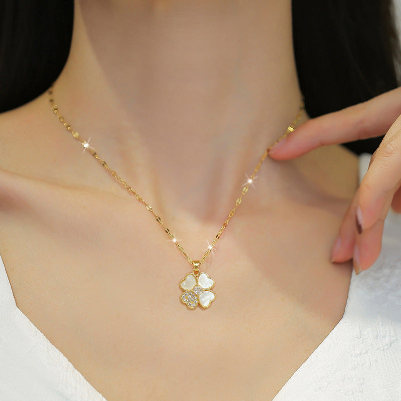 Cartoon Style Clover Shell Geometric Pendant Necklace for Women in Titanium Steel with Rhinestone Inlay Locket Chain