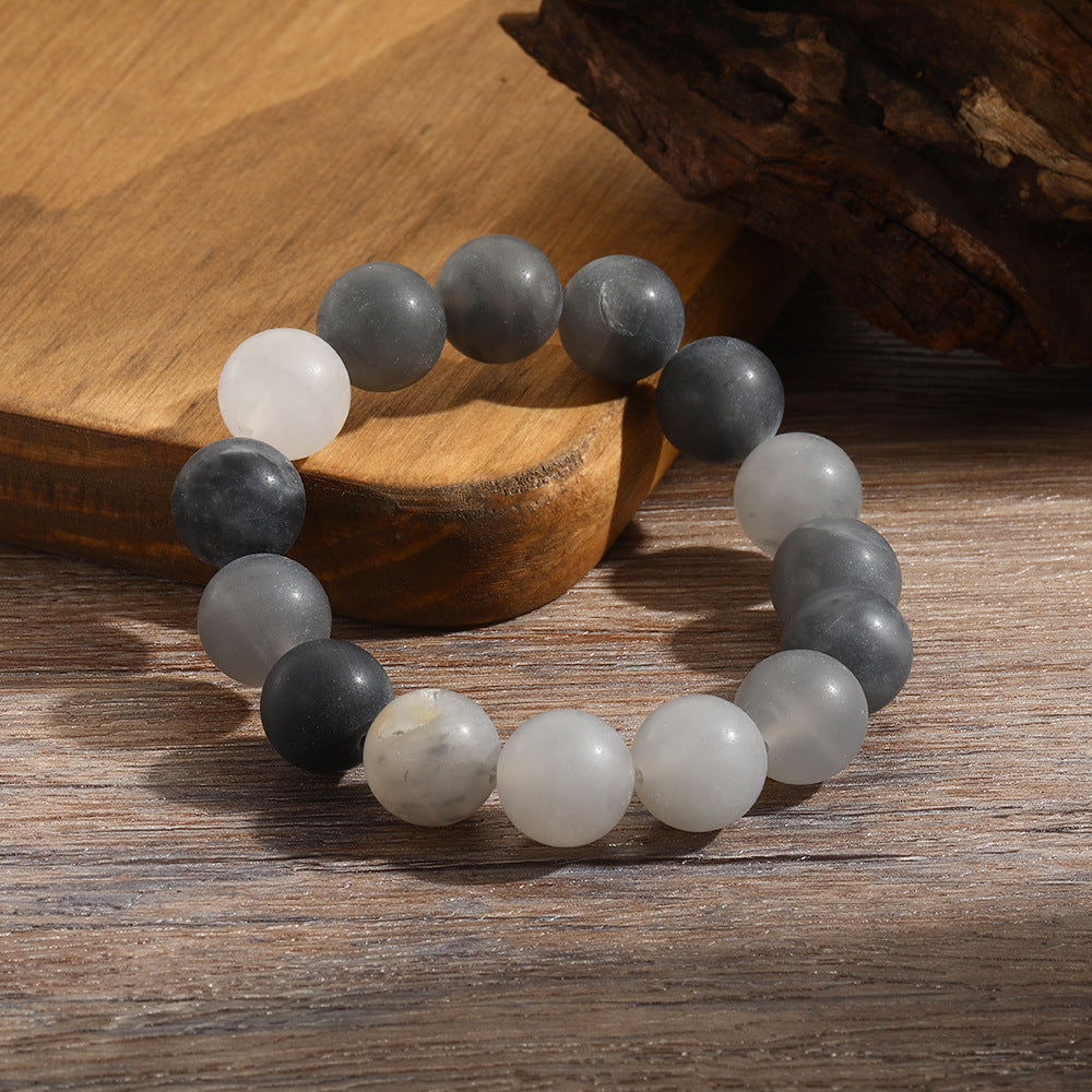 Vintage Matte Gray Crystal Beaded Bracelet Geometric Round Stone Hand Jewelry for Men and Women