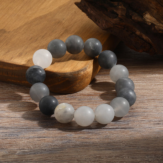 Vintage Matte Gray Crystal Beaded Bracelet Geometric Round Stone Hand Jewelry for Men and Women