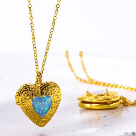 Vintage Heart-Shaped Opal Pendant Necklace in Copper with Electroplated Finish, O-Chain Locket Style Clavicle Chain