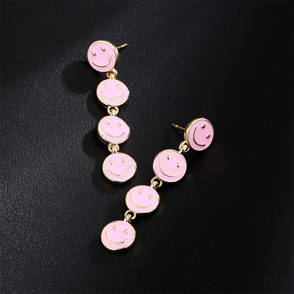 Original Design Geometric Copper Earrings with Enamel Smile Charm for Women