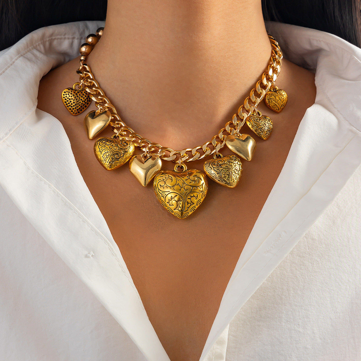 Retro Instagram Style Heart-Shaped Metal Pendant Necklace with Plated Finish for Women