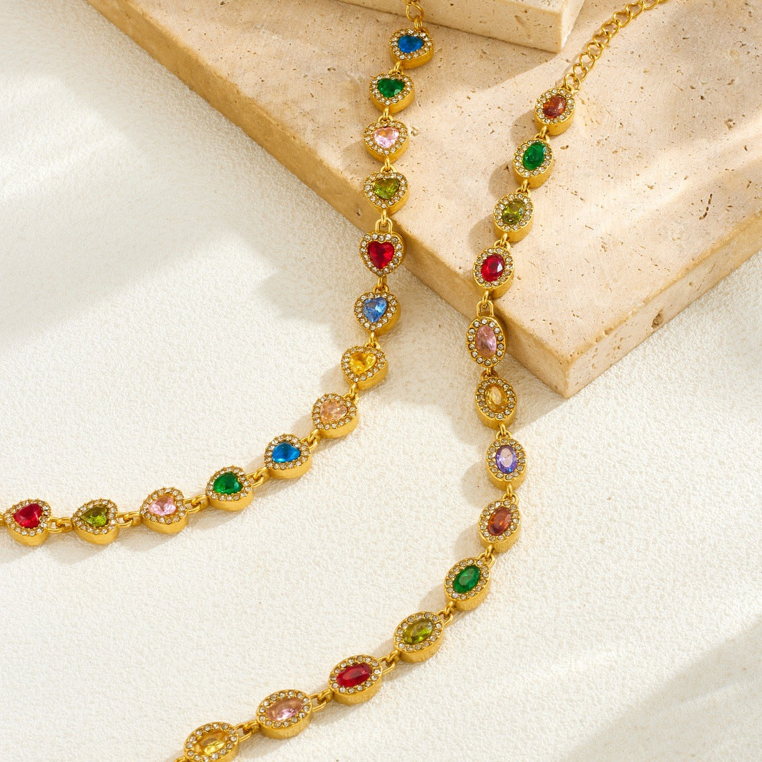 Elegant Gold Plated Heart Oval Cubic Zirconia Stainless Steel Ball Chain Bracelet