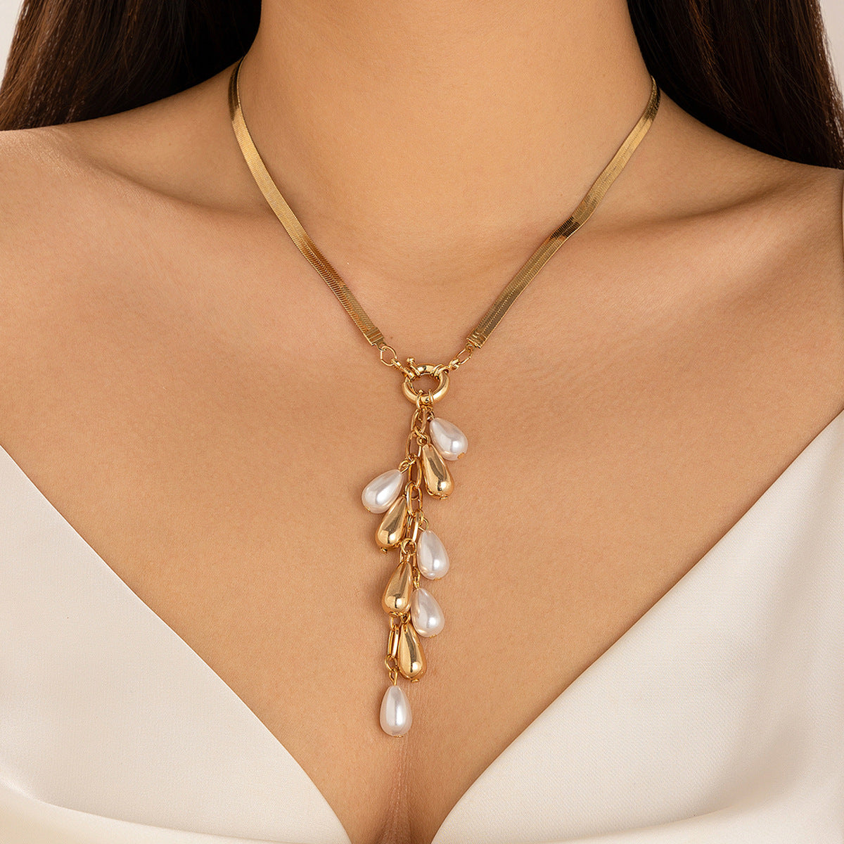 Vintage Baroque Geometric Faux Pearl Tassel Necklace Plated Snake Chain Women's Jewelry