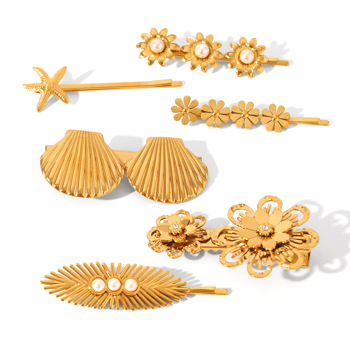 Ins Style 18K Gold Plated Stainless Steel Hair Clip with Pearl and Flower Design for Women