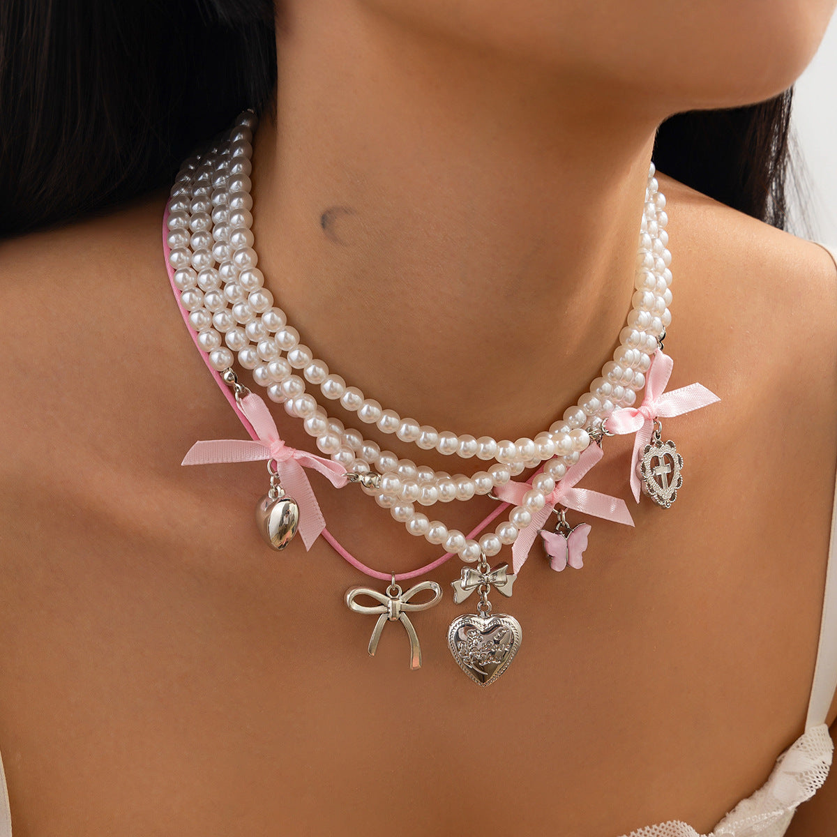 Sweet Minimalist Heart and Bow Knot Pendant Necklace for Women with Imitation Pearl Accents on Beaded Chain