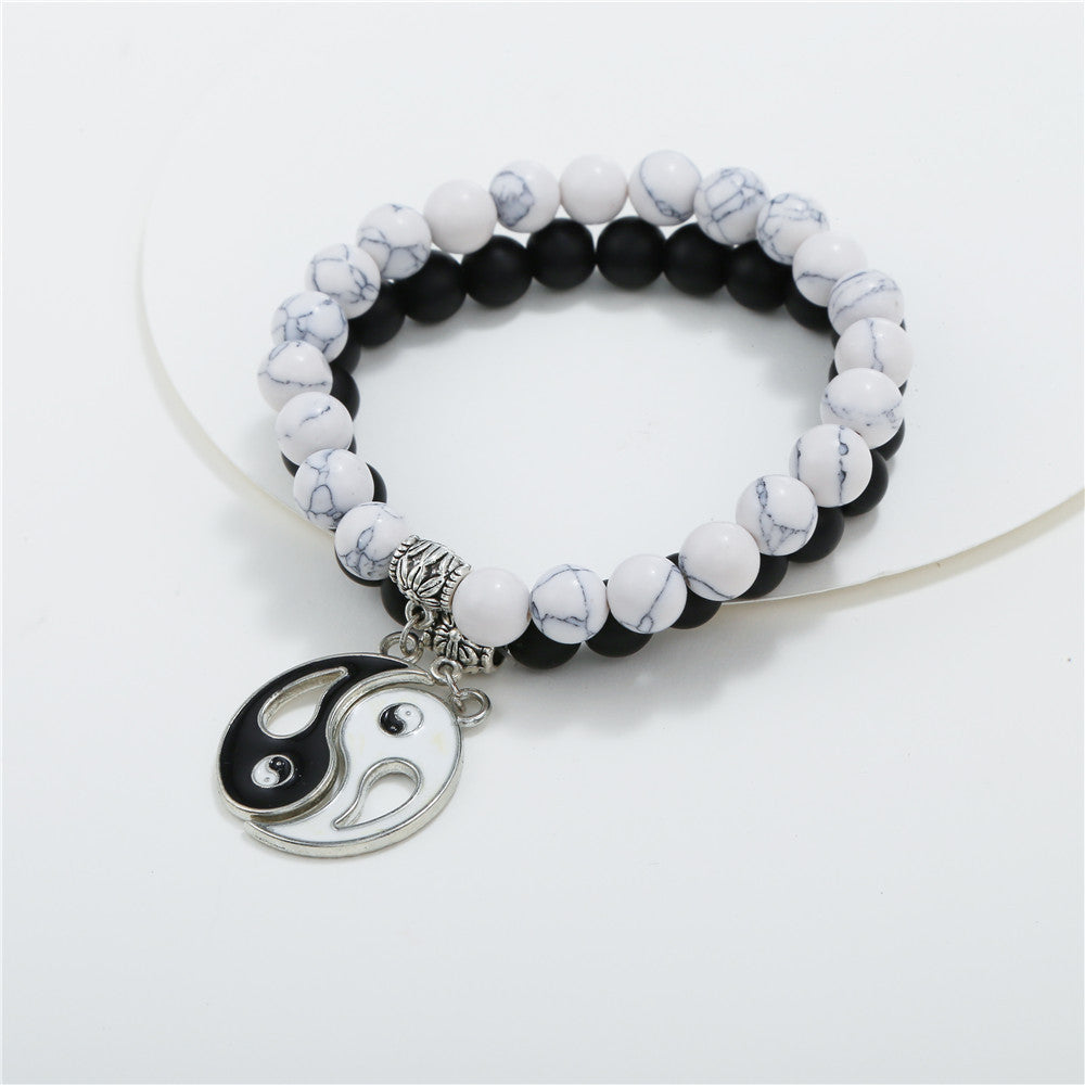 Yin Yang Geometric Round Drip Oil Matte Black and White Turquoise Alloy Bracelet Set for Unisex