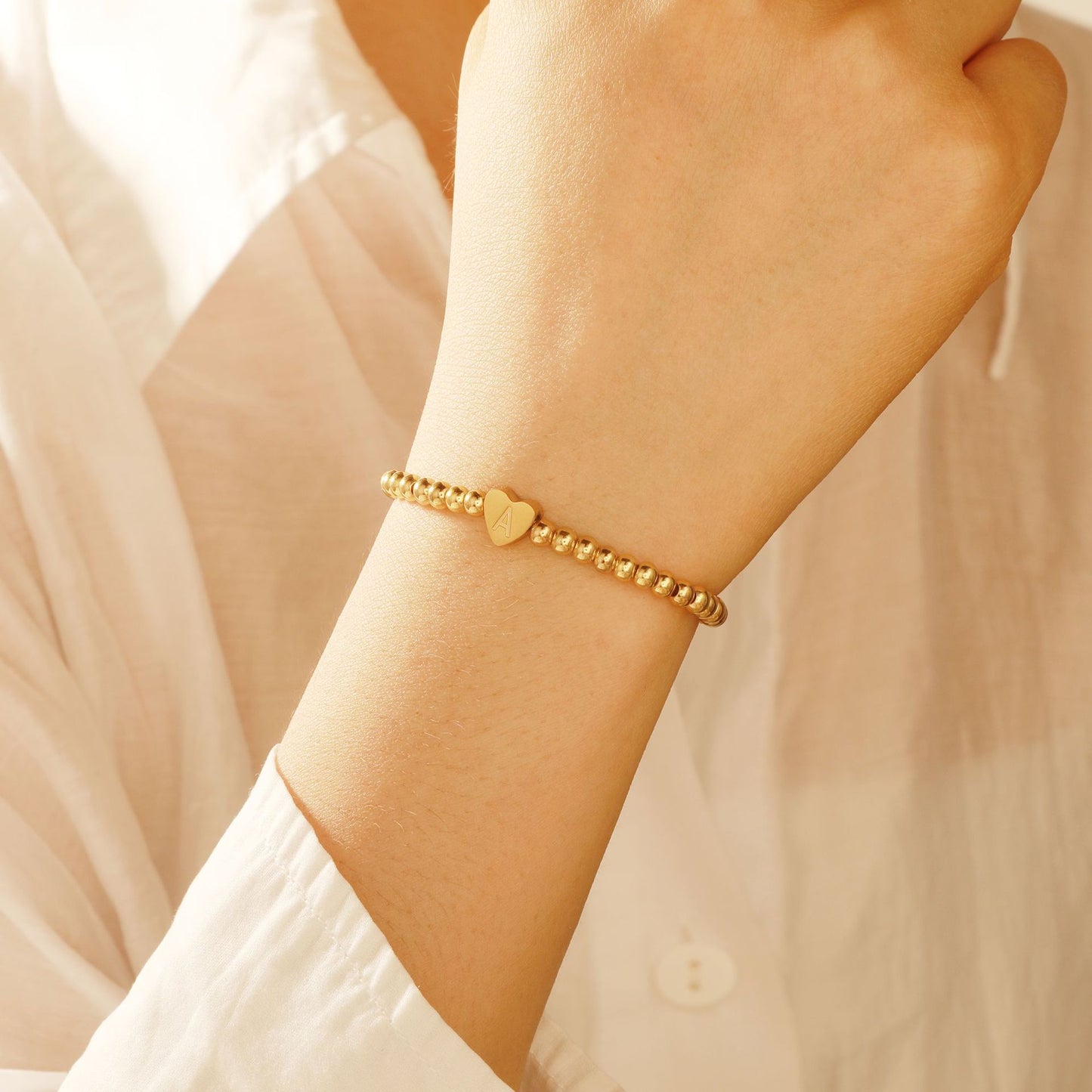 Minimalist Stainless Steel Heart Letter Bracelet with Gold Brass Beads
