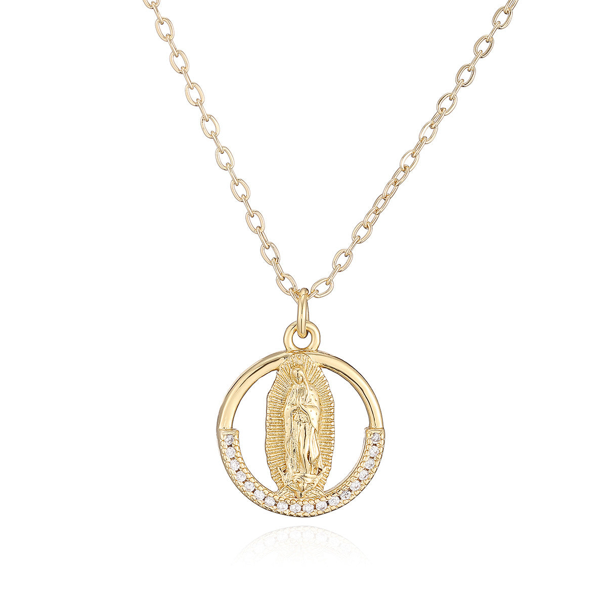 Vintage Minimalist Round Brass Gold Plated Cubic Zirconia Virgin Mary Pendant Necklace