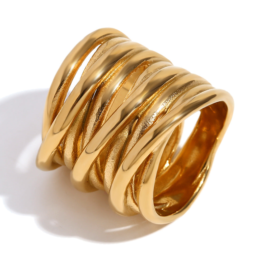 Anillo Envolvente Multicapa de Acero Inoxidable con Chapado de Oro de 18 Quilates, de Diseño Geométrico Minimalista e Inspiración Vintage para Mujer